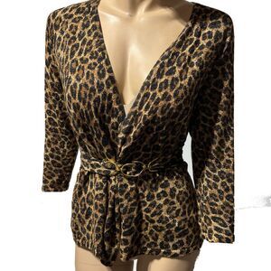 Cache Knit Leopard Print Metallic Gold Sparkle Sweater Top Tie Front Size M